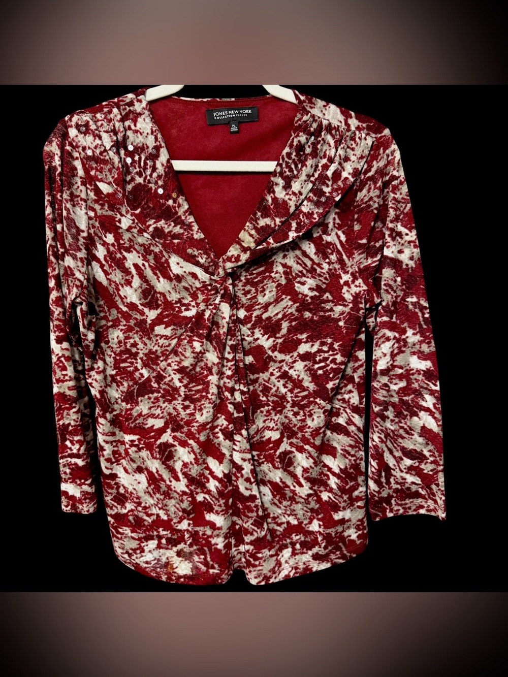 Jones New York Petite womens size Large PL Blouse Dark Red Taupe Sequin Knotted